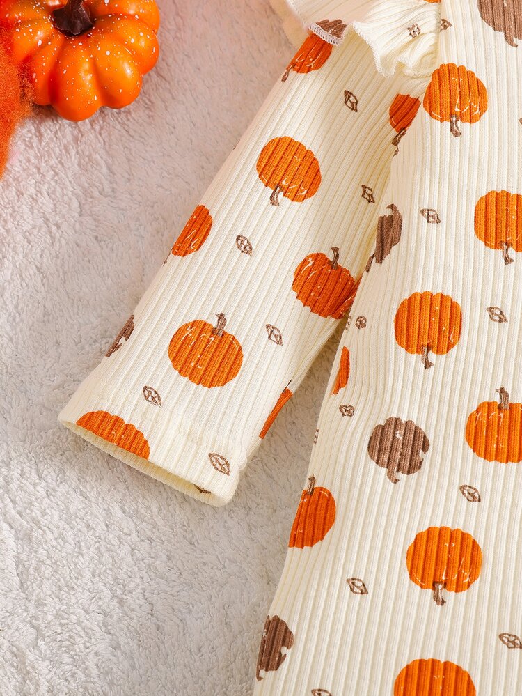 SHEIN 2pcs Newborn Baby Girls Romper Cute Sweet Orange Cream Pumpkin Print Bow Ruffle Flutter Long Sleeve Round Neck Halloween Autumn Princess Cozy Ribbed - Multicolor - View 8