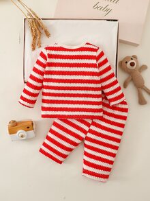 SHEIN Vintaside Kids 2件組女嬰上衣+長褲套裝，可愛甜美紅白熊貼布口袋條紋針織長袖圓領休閒秋季毛衣，時尚休假風 - 紅色 - 查看 2