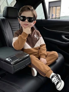 SHEIN Playful Pals 2pcs Toddler Boy Sweatshirt + Joggers Preppy Coffee Tan Color Block Letter Long Sleeve Mock Neck Regular Outdoor Fall Holiday Winter Ribbed Tracksuit - Brown - View 5