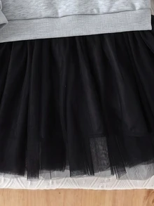 SHEIN Elladie kids 1件女童灰色3D蝴蝶結套頭衛衣洋裝，黑色網布拼接下擺，時尚可愛甜酷風，適合春秋冬季 - 灰色 - 查看 5
