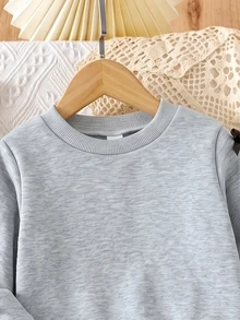 SHEIN Elladie kids 1件女童灰色3D蝴蝶結套頭衛衣洋裝，黑色網布拼接下擺，時尚可愛甜酷風，適合春秋冬季 - 灰色 - 查看 6