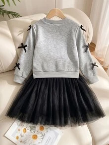 SHEIN Elladie kids 1件女童灰色3D蝴蝶結套頭衛衣洋裝，黑色網布拼接下擺，時尚可愛甜酷風，適合春秋冬季 - 灰色 - 查看 2