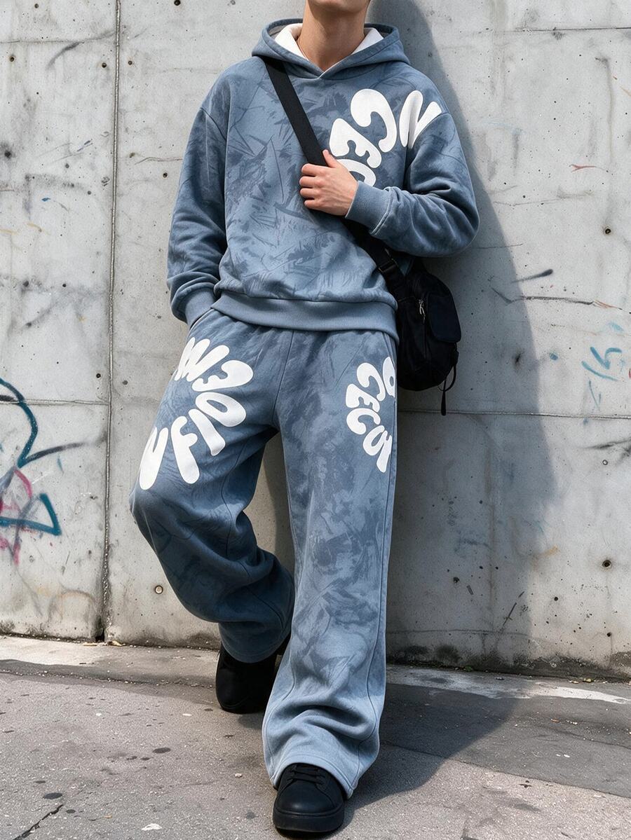 秋冬青少年連帽衛衣套裝 紮染大字母印花連帽衛衣+喇叭運動長褲 2件套 男孩嘻哈街頭風穿搭 - 藍色 - 查看 1