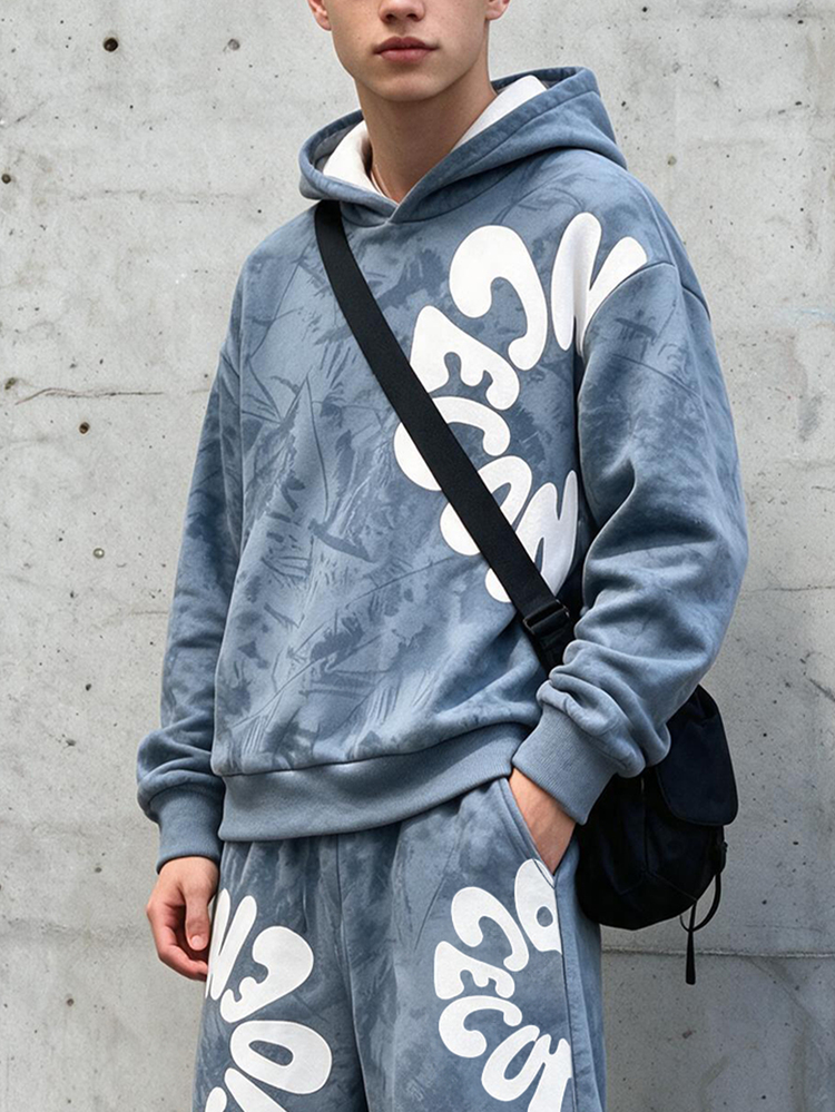 Autumn/Winter Teenager Hoodie Sweatshirt Set Tie-Dye Large Letter Print Hooded Sweatshirt Flared Sweatpants 2 Pieces Set Boys Hip-Hop Streetwear Outfit - Blue - View 5
