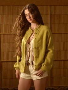 MOTF STUDIO WOMEN'S AUTUMN/WINTER CROCHETED LACE TRIM WARM SHORT PILE KNIT CARDIGAN - Mustard Yellow - View 6