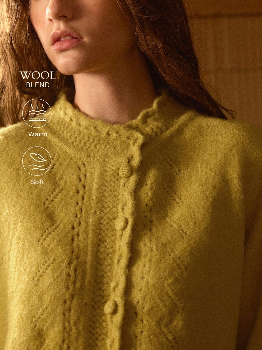 MOTF STUDIO WOMEN'S AUTUMN/WINTER CROCHETED LACE TRIM WARM SHORT PILE KNIT CARDIGAN - Mustard Yellow - View 1