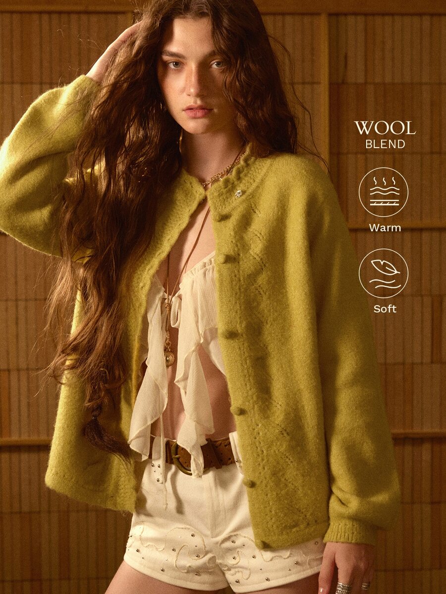 MOTF STUDIO WOMEN'S AUTUMN/WINTER CROCHETED LACE TRIM WARM SHORT PILE KNIT CARDIGAN - Mustard Yellow - View 2