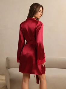 HautHeat Women's Satin Cowl Neck Nightgown With Lace Patchwork Robe Set - Burgundy - View 2
