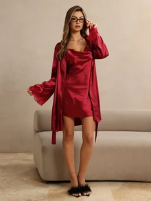 HautHeat Women's Satin Cowl Neck Nightgown With Lace Patchwork Robe Set - Burgundy - View 6