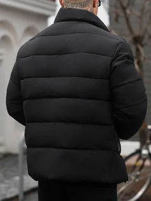 Manfinity Homme 男士黑色冬季街頭休閒基礎款拉鍊厚填充外套，復古風休閒厚填充外套，羽絨外套，適合假期出遊，老錢風 - 黑色 - 查看 2