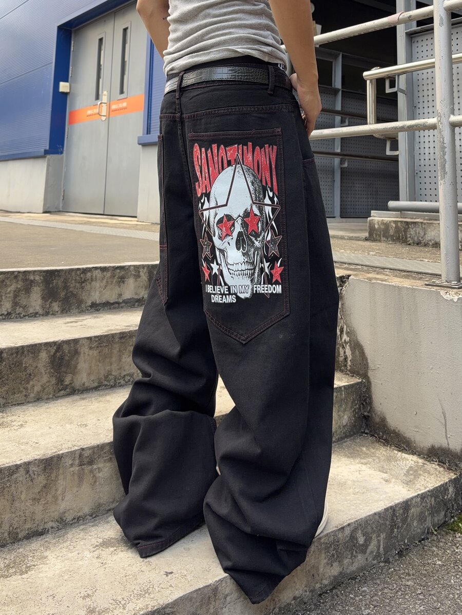 GALLERY FADE 男士哥德風圖案街頭風骷髏印花寬腿鬆垮牛仔褲，復古深黑紅配色寬鬆丹寧長褲，適合萬聖節、電音派對、演唱會、秋季穿搭