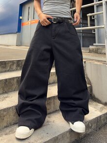 GALLERY FADE 男士哥德風圖案街頭風骷髏印花寬腿鬆垮牛仔褲，復古深黑紅配色寬鬆丹寧長褲，適合萬聖節、電音派對、演唱會、秋季穿搭 - 黑色 - 查看 5