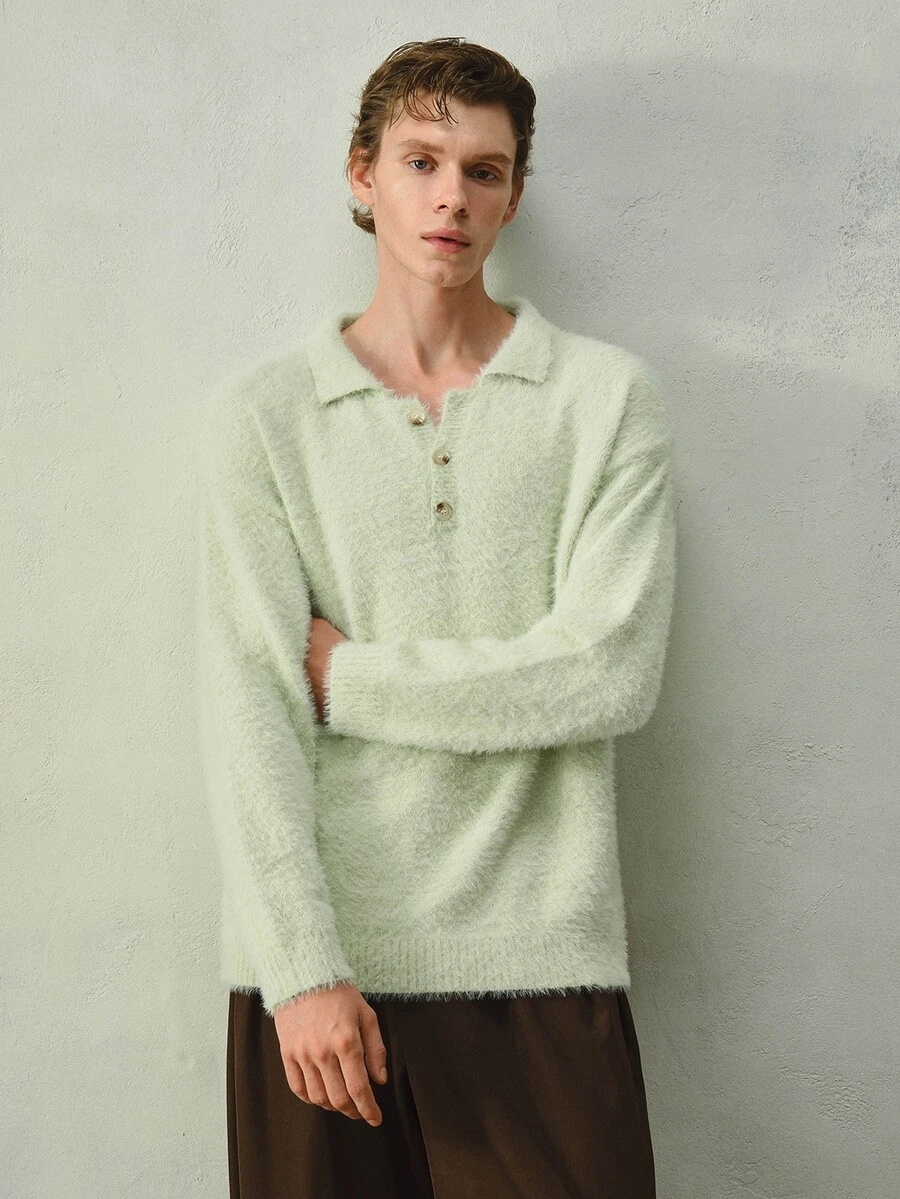RONVEXI Old Money Men's Casual Solid Color Sweater, Autumn/Winter Fur, American, Style, Couple Outfit, Dinner Vacation Mint Green - Cadet Blue - View 1