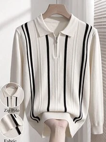 Manfinity CityGents Men's Striped Long Sleeve Zip-Up Half-Placket Casual Sweater Yellow Camisa Social Masculina Pull - White - View 2