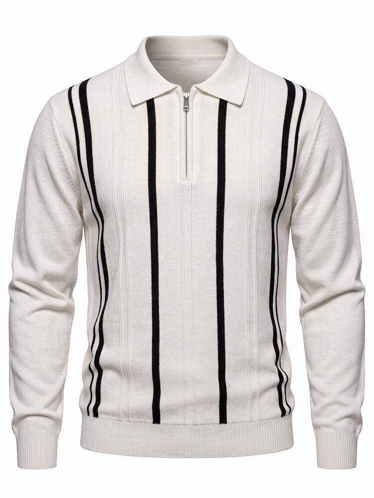 Manfinity CityGents Men's Striped Long Sleeve Zip-Up Half-Placket Casual Sweater Yellow Camisa Social Masculina Pull - White - View 8