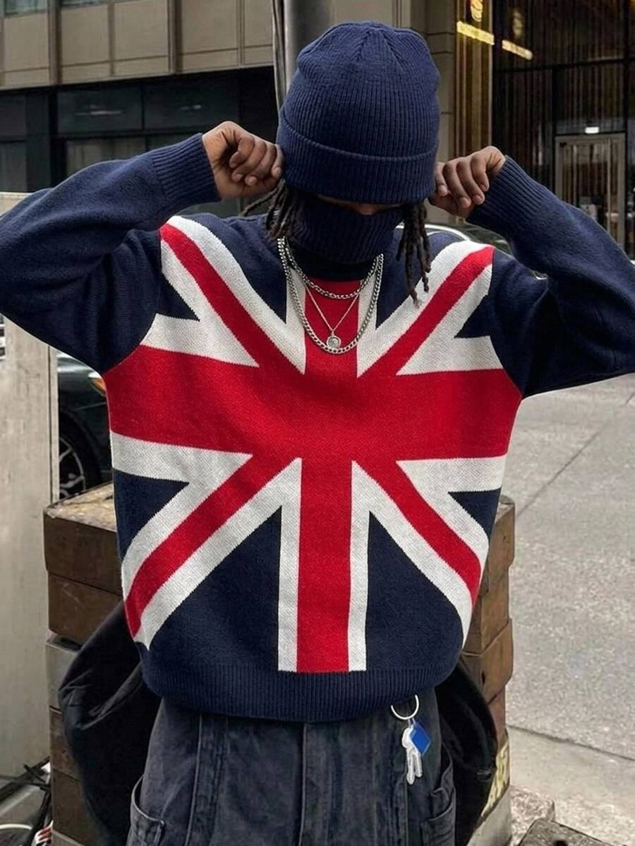 NEOSTRIT Men's British Flag Pattern High Neck Long Sleeve Casual Preppy Sweater, Autumn/Winter, For Going Out Vacation Holiday, Friends Navy Blue And White - Multicolor - View 1