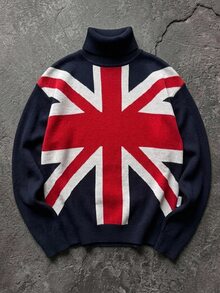 NEOSTRIT Men's British Flag Pattern High Neck Long Sleeve Casual Preppy Sweater, Autumn/Winter, For Going Out Vacation Holiday, Friends Navy Blue And White - Multicolor - View 5