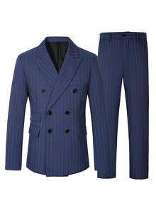Manfinity Mode Men's Navy Blue Striped Mature Ins Style Suit Set, British Style Double-Breasted Design Suit Set, Formal, Old Money - Blue - View 3