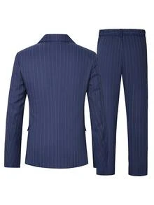 Manfinity Mode Men's Navy Blue Striped Mature Ins Style Suit Set, British Style Double-Breasted Design Suit Set, Formal, Old Money - Blue - View 2