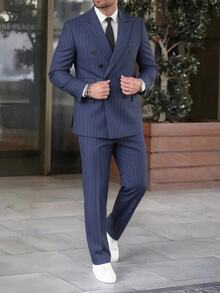 Manfinity Mode Men's Navy Blue Striped Mature Ins Style Suit Set, British Style Double-Breasted Design Suit Set, Formal, Old Money - Blue - View 8