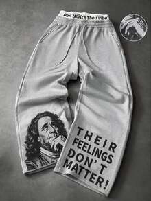 PAVTROS Men's Letter & Character Print Drawstring Waist Loose Casual Sweatpants - Grey - View 3