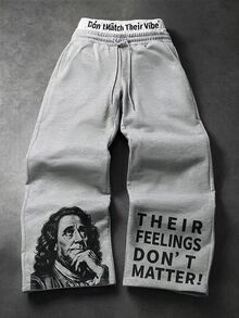 PAVTROS Men's Letter & Character Print Drawstring Waist Loose Casual Sweatpants - Grey - View 1