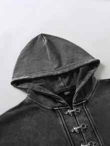 PAVTROS 男士金屬裝飾領牛仔休閒街頭風連帽衫，深灰色，秋季，哥德風，適合派對與海灘 - 黑色 - 查看 4