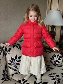 Hapijoa Young Girl Solid Color Raglan Long Sleeve Casual Hooded Winter Jacket - Red - View 3