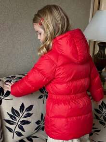 Hapijoa Young Girl Solid Color Raglan Long Sleeve Casual Hooded Winter Jacket - Red - View 5
