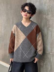 DAZY Áo len mặc trong dáng rộng họa tiết kẻ caro dày cho bé trai tuổi tween, tay dài, phong cách cool, mùa thu/đông - Màu Khaki - Xem 3