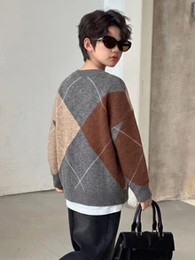 DAZY Áo len mặc trong dáng rộng họa tiết kẻ caro dày cho bé trai tuổi tween, tay dài, phong cách cool, mùa thu/đông - Màu Khaki - Xem 2