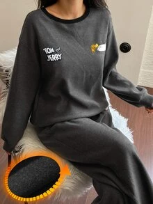 TOM AND JERRY X DAZY Cartoon Letter Graphic Contrast Binding Drop Shoulder Oversize PJ Set Fall - Dark Grey - View 4