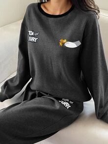 TOM AND JERRY X DAZY Cartoon Letter Graphic Contrast Binding Drop Shoulder Oversize PJ Set Fall - Dark Grey - View 9