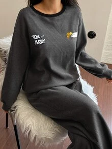 TOM AND JERRY X DAZY Cartoon Letter Graphic Contrast Binding Drop Shoulder Oversize PJ Set Fall - Dark Grey - View 8