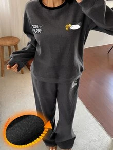 TOM AND JERRY X DAZY Cartoon Letter Graphic Contrast Binding Drop Shoulder Oversize PJ Set Fall - Dark Grey - View 1