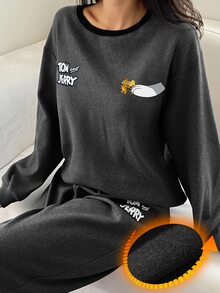 TOM AND JERRY X DAZY Cartoon Letter Graphic Contrast Binding Drop Shoulder Oversize PJ Set Fall - Dark Grey - View 3