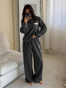 TOM AND JERRY X DAZY Cartoon Letter Graphic Contrast Binding Drop Shoulder Oversize PJ Set Fall - Dark Grey - View 6