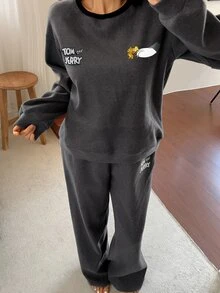 TOM AND JERRY X DAZY Cartoon Letter Graphic Contrast Binding Drop Shoulder Oversize PJ Set Fall - Dark Grey - View 7
