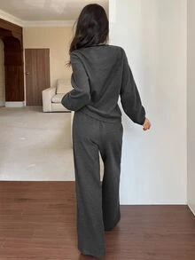 TOM AND JERRY X DAZY Cartoon Letter Graphic Contrast Binding Drop Shoulder Oversize PJ Set Fall - Dark Grey - View 2