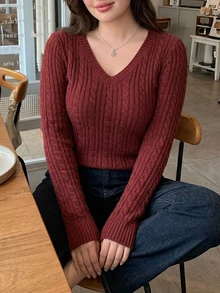 Dazy Plus V-Neck Solid Color Korean Style Long Sleeve New Year Red Elegant Versatile Autumn/Winter New Sweater Christmas - Burgundy - View 9