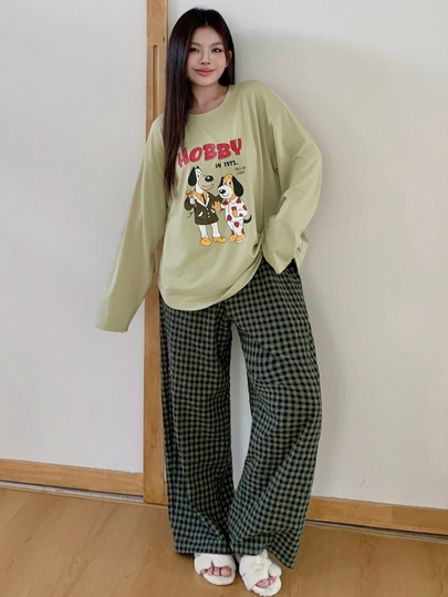 Dazy Plus 2pcs Cute Puppy Print Loose Long Sleeve T-Shirt & Plaid Straight Leg Long Pajama Pants Set, Spring/Autumn Sleepwear Outfit