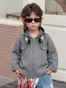 DAZY Sweater Longgar Kerah Lipat untuk Anak Laki-Laki, Kardigan Streetwear Tebal untuk Musim Gugur/Dingin - Grey - View 5