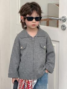 DAZY Sweater Longgar Kerah Lipat untuk Anak Laki-Laki, Kardigan Streetwear Tebal untuk Musim Gugur/Dingin - Grey - View 8