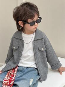 DAZY Sweater Longgar Kerah Lipat untuk Anak Laki-Laki, Kardigan Streetwear Tebal untuk Musim Gugur/Dingin - Grey - View 1
