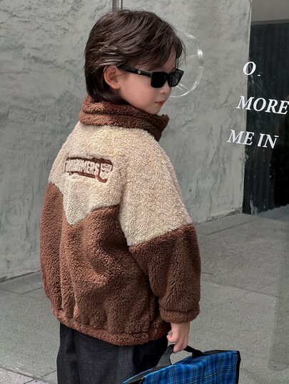 Transformers Evergreen X DAZY Chaqueta de lana de cordero gruesa para niño joven con cuello alto, bordado de letras en color contrastante, para otoño/invierno