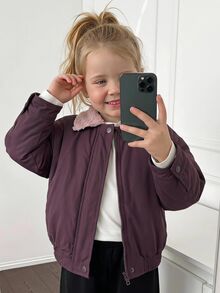 Hapijoa Young Girl Plush Colorblock Zipper Casual Versatile Winter Padded Coat - Dusty Purple - View 12