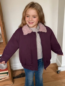 Hapijoa Young Girl Plush Colorblock Zipper Casual Versatile Winter Padded Coat - Dusty Purple - View 2