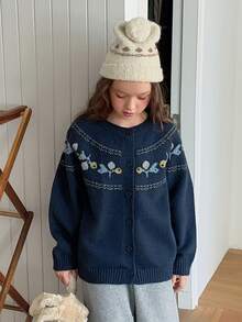 DAZY Cardigan Kasual Serbaguna Motif Blok Warna untuk Pemakaian Sehari-hari Anak Perempuan Remaja - Navy Blue - View 3