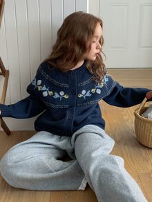 DAZY Cardigan Kasual Serbaguna Motif Blok Warna untuk Pemakaian Sehari-hari Anak Perempuan Remaja - Navy Blue - View 1
