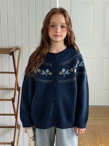 DAZY Cardigan Kasual Serbaguna Motif Blok Warna untuk Pemakaian Sehari-hari Anak Perempuan Remaja - Navy Blue - View 5
